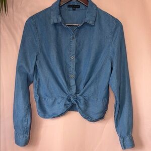 Haute Monde Denim Blue Twisted Front Button-Up Top